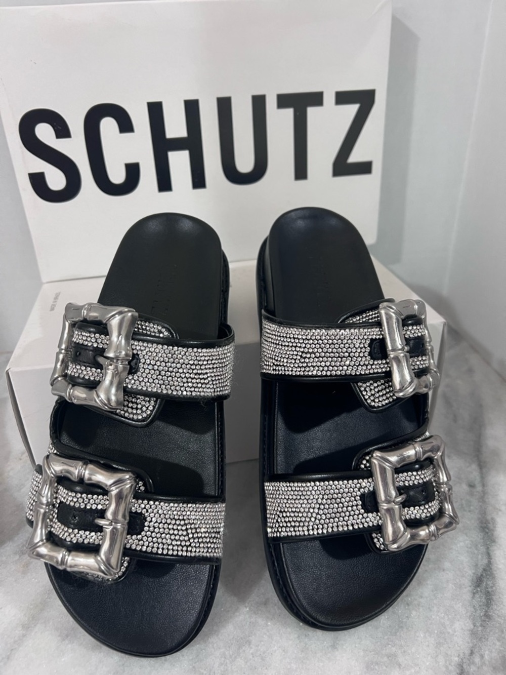 SCHUTZ Black Crystal Buckle Double-Strap Slide Sandals